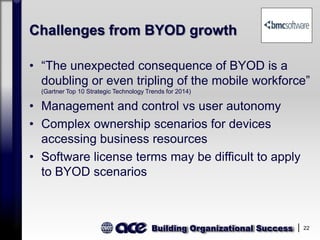 Building Organizational Success 22
Challenges from BYOD growth
• “The unexpected consequence of BYOD is a
doubling or even tripling of the mobile workforce”
(Gartner Top 10 Strategic Technology Trends for 2014)
• Management and control vs user autonomy
• Complex ownership scenarios for devices
accessing business resources
• Software license terms may be difficult to apply
to BYOD scenarios
 