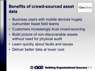 Building Organizational Success 25
Benefits of crowd-sourced asset
data
• Business users with mobile devices hugely
outnumber Asset field teams
• Customers increasingly trust crowd-sourcing
• Build picture of non-discoverable assets
without need for physical audit
• Learn quickly about faults and issues
• Deliver better data at lower cost
 