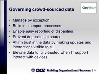 Building Organizational Success 26
Governing crowd-sourced data
• Manage by exception
• Build into support processes
• Enable easy reporting of disparities
• Prevent duplicates at source
• Affirm trust in the data by making updates and
interactions visible to all
• Elevate data to fully-trusted when IT support
interact with devices
 