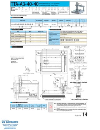 TTA-A3-40-40 
Model 
Specification 
Items 
Model/Specifications 
HS: Home confirmation sensor 
NM: Non-motor side specification 
Model number Axis configuration Encoder type Motor type Lead (mm) Stroke (mm) 
Speed 
(mm/sec) 
Payload (kg) 
(Note 1) 
TTA-A3-I-40 1 -40 2 - 3 B 4 - 5 - 6 - 7 - 8 - 9 - 10 
X-axis 
Y-axis Incremental Pulse motor 
16 400 1~800 − 
Z-axis 12 100/150 1~400 5 
16 400 1~800 20 
* In the above model number, 1 and 2 indicate the XY-axis options, 3 indicates the Z-axis stroke, 4 indicates the Z-axis option(s), 5 indicates the standard slot, 6 and 7 indicate the expansion slots, 8 indicates the I/O cable length, 9 indicates the 
power supply cable specification, and 10 indicates the selected option(s). 
Expansion I/O Slot Common specifications 
Drive system 
X/Y/Z-axis ball screw (X/Y-axis: ø12mm, Z-axis: ø10mm, rolled C10) 
X-axis and Y-axis speeds increased at 1.5:1 using a timing belt 
Positioning repeatability ±0.02mm (Note 2) 
Lost motion 0.1mm or less 
Guide Ball-circulation type linear guide 
Dynamic allowable moment 
(Note 3) 
X-axis: Ma: 15.9 N.m Mb: 15.9 N.m Mc: 32.0 N.m 
Z-axis: Ma: 9.7 N.m Mb: 9.7 N.m Mc: 20.5 N.m 
Ambient temperature/humidity 0 to 40ºC, 85% RH max.(non-condensing) 
Actuator weight 40kg 
* Refer to P. 5 for the details of model specification items. 
Tabletop Robot/Gate type 3-axis specification 
XY-axes: 400mm, Z-axis: 100mm/150mm 
Name Model Reference page 
Not used E − 
Expansion PIO board (NPN specification)* NP − 
Expansion PIO board (PNP specification)* PN − 
DeviceNet connection board DV − 
CC-Link connection board CC − 
PROFIBUS-DP connection board PR − 
EtherNet/IP connection board* EP − 
B: Brake (Standard) 
HS: Home confirmation sensor 
NM: Non-motor side specification 
Refer to the expansion I/O 
slot table below. 
* If the expansion I/O slot is 
not used, enter “E. 
40 : 400mm 40 : 400mm 10 : 100mm 
15 : 150mm 
0: None 
2:2m 
3:3m 
5:5m 
PU: Mating plug (No cable) 
1: Power supply cable for 100 VAC (2m) 
2: Power supply cable for 200 VAC (2m) 
NP: NPN specification 
PN: PNP specification 
Refer to 
P.5. 
A3: 3-axis 
(Gate) 
I: Incremental 
specification 
TTA 
Series 
I 
Encoder 
type 
40 
X-axis 
stroke 
40 
Y-axis 
stroke 
Z-axis 
stroke 
A3 
Type X-axis 
option 
Y-axis 
option 
Z-axis 
option 
Standard Expansion 
Expansion 
I/O Cable 
Power Supply 
Option 
I/O Slot 
I/O Slot 1 
I/O Slot 2 
length 
Cable Specification 
* Coming soon 
Dimensions 
Home 
Profile of T-Groove on the Frame 
X View 
T-Groove x 2 
Dial for Z-Slider 
Position Tuning 
(Reamer Pitch Tolerance ±0.02) 
Detail Diagram S (Detail of X-axis Slider) 
(Reamer Pitch Tolerance ±0.02) 
6-M5, Depth 7 
6-M4, Depth 7 
2-ø5, H7, Depth 5 
2-ø5, H7, Depth 5 
T-Groove x 2 
4-M5, Depth 7 
4-M4, Depth 7 
Detail Diagram U (Detail of Z-axis Slider) 
T-Groove x 2 
(Same Profile on the Opposite 
Side on the Frame) 
X View (T-Groove on the Side of the Main Unit) 
TTA-A3-40-40 14 
Applicable Controller Specifications 
Applicable 
controller 
Maximum 
number of 
controlled axes 
Compatible 
encoder type 
Program 
operation 
Power-supply 
voltage 
Page 
Built-in 3 axes Incremental Program 
AC100V 
AC200V 
→ P16 
(Note 1) The maximum speed cannot be achieved based on the maximum payload setting. The 
payload decreases when the speed is increased. Also note that the maximum 
acceleration/deceleration varies depending on the payload. (Refer to P. 6.) 
(Note 2) It is limited to when the actuator temperature is constant. It does not guarantee the absolute 
accuracy. 
(Note 3) The dynamic allowable moment is a value of each axis assuming a traveling life of 5,000km. 
(Refer to P. 7 for the dynamic allowable moment.) 
Caution 
Home 
Home 
T-Groove (Same Profile on the Opposite Side) 
Dial for Y-Slider 
Position Tuning 
* During home return, the slider moves to 
the ME, so be careful to prevent contact 
with surrounding parts. 
SE: Stroke end 
ME: Mechanical end 
Sold & Serviced By: 
ELECTROMATE 
Toll Free Phone (877) SERVO98 
Toll Free Fax (877) SERV099 
www.electromate.com 
sales@electromate.com 
 