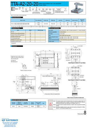 A2: 2 axes 20 : 200mm 20 : 200mm 0:None 
Refer to P. 5. 
(Cantilever) 
2:2m 
3:3m 
5:5m 
Model number Axis configuration Encoder type Motor type Lead (mm) Stroke (mm) Speed (mm/sec) 
TTA-A2-I-20 1 -20 2 - 3 - 4 - 5 - 6 - 7 - 8 
X-axis 
Incremental Pulse motor 
Y-axis 16 200 1~800 10 
Expansion I/O Slot Common specifications 
Dimensions 
Applicable Controller Specifications 
Payload (kg) 
(Note 1) 
16 200 1~800 20 
Drive system Ball screw (ø12mm, rolled C10) Speed increased at 1.5:1 using a timing belt 
Positioning repeatability ±0.02mm (Note 2) 
Lost motion 0.1mm or less 
Guide Ball-circulation type linear guide 
Dynamic allowable moment 
X-axis: Ma: 15.9 N.m Mb: 15.9 N.m Mc: 32.0 N.m 
(Note 3) 
Y-axis: Ma: 12.6 N.m Mb: 12.6 N.m Mc: 37.4 N.m 
Ambient temperature/humidity 0 to 40ºC, 85% RH max. (non-condensing) 
Actuator weight 24kg 
Model/Specifications 
* In the above model number, 1 and 2 indicate the XY-axis options, 3 indicates the standard slot, 4 and 5 indicate the expansion slots, 6 indicates the I/O cable length, 7 indicates the power supply cable specification, and 8 indicates the selected option(s). 
Name Model Reference page 
Not used E − 
Expansion PIO board (NPN specification)* NP − 
Expansion PIO board (PNP specification)* PN − 
DeviceNet connection board DV − 
CC-Link connection board CC − 
PROFIBUS-DP connection board PR − 
EtherNet/IP connection board* EP − 
Applicable 
controller 
Maximum 
number of 
controlled axes 
Compatible 
encoder type 
Program 
operation 
Power-supply 
voltage 
Dial for Y-Slider Position Tuning 
Home 
Page 
Built-in 2 axes Incremental Program 
AC100V 
AC200V → P16 
* Refer to P. 5 for the details of model specification items. 
* During home return, the slider moves to 
the ME, so be careful to prevent contact 
with surrounding parts. 
SE: Stroke end 
ME: Mechanical end 
(Note 1) The maximum speed cannot be achieved based on the maximum payload setting. The 
payload decreases when the speed is increased. Also note that the maximum 
acceleration/deceleration varies depending on the payload. (Refer to P. 6.) 
(Note 2) It is limited to when the actuator temperature is constant. It does not guarantee the absolute 
accuracy. 
(Note 3) The dynamic allowable moment is a value of each axis assuming a traveling life of 5,000km. 
(Refer to P. 7 for the dynamic allowable moment.) 
TTA-A2-20-20 8 
TTA-A2-20-20Tabletop Robot/Cantilever type 2-axis specification 
XY-axes: 200mm 
HS: Home confirmation sensor 
NM: Non-motor side specification 
Refer to the expansion 
I/O slot table below. 
* If the expansion I/O slot is not used, enter “E.” 
PU: Mating plug (No cable) 
1: Power supply cable for 100 VAC (2m) 
2: Power supply cable for 200 VAC (2m) 
NP: NPN specification 
PN: PNP specification 
I: Incremental 
specification 
TTA 
Series 
I 
Encoder 
type 
20 
X-axis 
stroke 
20 
Y-axis 
stroke 
A2 
Type X-axis 
option 
Y-axis 
option 
Standard Expansion 
Expansion 
I/O Cable 
Option 
I/O Slot 
I/O Slot 1 
I/O Slot 2 
length 
Power Supply Cable 
Specification 
* Coming soon 
Home 
(Reamer Pitch Tolerance ±0.02) 
(Reamer Pitch Tolerance ±0.02) 
2 - ø5 H7, Depth 5 
2 - ø5 H7, Depth 5 
6-M5, Depth 7 
6-M5, Depth 7 
4-M4, Depth 7 
T-Groove x 2 
6-M4, Depth 7 
Detail Diagram S (Detail of X-axis Slider) 
Detail Diagram U (Detail of Y-axis Slider) 
T-Groove (Same Profile on the Opposite Side) 
X View (T-Groove on the Side of the Main Unit) 
Profile of T-Groove on the Frame 
X View T-Groove x 2 
Caution 
Model 
Specification 
Items 
Sold & Serviced By: 
ELECTROMATE 
Toll Free Phone (877) SERVO98 
Toll Free Fax (877) SERV099 
www.electromate.com 
sales@electromate.com 
 