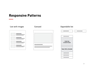 17
Responsive Patterns
List with images Carousel Expandable list
 