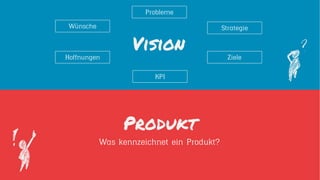 Vision
Produkt
Was kennzeichnet ein Produkt?
Hoffnungen
Wünsche
Probleme
Strategie
KPI
Ziele
 