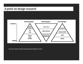A point on design research




   http://www.maketools.com/pdfs/Contextmapping_SleeswijkVisseretal_05.pdf
 