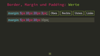 Border, Margin und Padding: Werte
55
margin: 5px 10px 20px 10px;
margin: 5px 10px 20px 3px; Oben UntenRechts Links
 