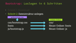 Bootstrap: Loslegen in 6 Schritten
• Schritt 1: Download
• Schritt 2: Dateistruktur anlegen
getbootstrap.com
css/bootstrap.css
fonts
js/bootstrap.js
Lokaler Ordner
css/
Neuer Ordner: fonts
Neuer Ordner: js
 