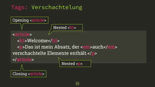 Tags: Verschachtelung
26
<article> 
<h1>Welcome</h1> 
<p>Das ist mein Absatz, der <em>auch</em>
verschachtelte Elemente enthält.</p> 
</article>
Opening <article>
Closing <article>
Nested <h1>
Nested <p>
 