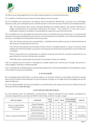 Página | 7
7.6. Não será permitido pagamento de inscrição mediante depósito ou transferência bancária.
7.7. É vedada a transferência para terceiros do valor pago da taxa de inscrição.
7.8. Os Candidatos que necessitarem de qualquer tipo de atendimento diferenciado, as pessoas com necessidades
especiais ou não, para a realização da prova, deverão solicitá-lo na ficha de inscrição, indicando a necessidade específica.
7.8.1. No requerimento deve constar solicitação detalhada da condição especial, com expressa referência ao
código correspondente da Classificação Internacional de Doença – CID, quando for o caso, bem como a
qualificação completa do candidato e a especificação do cargo para o qual está concorrendo.
7.9. A candidata que tiver necessidade de amamentar durante a realização das provas deverá levar um acompanhante
utilizando máscara de proteção facial, que ficará em sala reservada para essa finalidade, e será responsável pela guarda
da criança. A candidata sem acompanhante não fará as provas.
7.9.1. Nos horários previstos para amamentação, a candidata lactante poderá ausentar-se temporariamente da
sala de prova, acompanhada de uma fiscal.
7.9.2. Na sala reservada para amamentação, ficarão somente a candidata lactante, a criança e uma fiscal, sendo
vedada a permanência de babás ou quaisquer outras pessoas que tenham grau de parentesco ou de amizade com
a candidata.
7.9.3 A criança deverá ser acompanhada, em ambiente reservado para este fim, de adulto responsável por sua
guarda (familiar ou terceiro indicado pela candidata).
7.9.4. Não haverá compensação do tempo de amamentação em favor da candidata.
7.10. Os candidatos que não fizerem a solicitação da condição especial até o término das inscrições, seja qual for o
motivo alegado, não terão a condição atendida.
7.11. A solicitação de condições especiais será atendida obedecendo a critérios de viabilidade e de razoabilidade, e prévia
comunicação nos prazos ora estipulados.
8. DA DIVULGAÇÃO
8.1. A divulgação oficial deste Edital, e os demais Aditivos, se houverem relativos às informações referentes às etapas
deste Concurso Público serão publicados em jornal de grande circulação ou em órgão oficial de divulgação dos atos da
administração local.
8.2. É de responsabilidade exclusiva do Candidato o acompanhamento das etapas deste Concurso Público através do
endereço eletrônico www.idib.org.br.
9. DAS FASES DO CONCURSO PÚBLICO
9.1. Será aplicado exame de habilidades e conhecimentos, mediante aplicação de prova objetiva, abrangendo os
conteúdos programáticos constantes do ANEXO V deste Edital, conforme o quadro a seguir:
NÍVEL DO CARGO CONTEÚDO
Nº DE
ITENS
PESO TOTAL
PERFIL MÍNIMO
DE APROVAÇÃO
CARÁTER
Todos os cargos de Nível
Fundamental Completo e
Incompleto
Língua Portuguesa 10 1 10 50%
Eliminatório
e Classificatório
Raciocínio Lógico 10 1 10 50%
Conhecimentos Gerais 10 1 10 50%
Todos os cargos de Nível Médio
Língua Portuguesa 10 1 10 50%
Eliminatório
e Classificatório
Conhecimentos Gerais 10 1 10 50%
Conhecimentos Específicos 20 2 40 50%
 