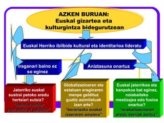 Aniztasuna onartuz Iraganari baino ez so eginez AZKEN BURUAN:  Euskal gizartea eta  kulturgintza bidegurutzean Euskal Herriko ibilbide kultural eta identitarioa lideratu Globalizazioaren eta estatuen eraginaren menpe geldituz guztiz asimilatuak izan arte? “ berariazko euskal izaeraren amaiera” Euskal jatorrikoa eta kanpokoa bat eginez, nolabaiteko mestizajea edo fusioa onartuz? “ euskaltasunaren eredu berriak sortuz” Jatorriko euskal sustrai petoko eredu hertsiari eutsiz?  “ hainbat hiritar horretatik at geldituz” 