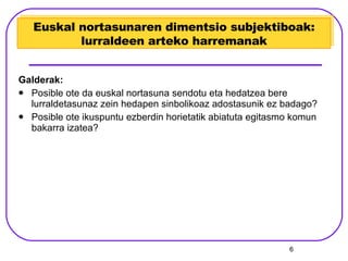 Galderak: Posible ote da euskal nortasuna sendotu eta hedatzea bere lurraldetasunaz zein hedapen sinbolikoaz adostasunik ez badago? Posible ote ikuspuntu ezberdin horietatik abiatuta egitasmo komun bakarra izatea? Euskal nortasunaren dimentsio subjektiboak: lurraldeen arteko harremanak 