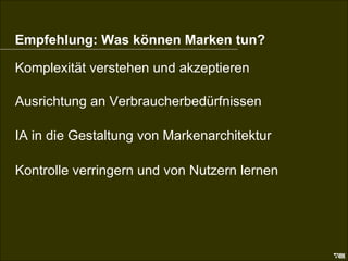 Empfehlung Marken Empfehlung: Was können Marken tun? Komplexität verstehen und akzeptieren Ausrichtung an Verbraucherbedürfnissen IA in die Gestaltung von Markenarchitektur  Kontrolle verringern und von Nutzern lernen 