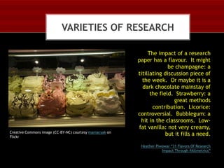 VARIETIES OF RESEARCH

Creative Commons image (CC-BY-NC) courtesy maniacyak on
Flickr

The impact of a research
paper has a flavour. It might
be champagne: a
titillating discussion piece of
the week. Or maybe it is a
dark chocolate mainstay of
the field. Strawberry: a
great methods
contribution. Licorice:
controversial. Bubblegum: a
hit in the classrooms. Lowfat vanilla: not very creamy,
but it fills a need.
Heather Piwowar “31 Flavors Of Research
Impact Through #Altmetrics”

 