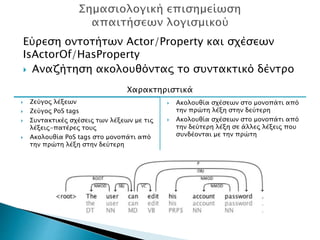 Εύρεση οντοτήτων Actor/Property και σχέσεων
IsActorOf/HasProperty
 Αναζήτηση ακολουθόντας το συντακτικό δέντρο
Χαρακτηριστικά
 Ζεύγος λέξεων
 Ζεύγος PoS tags
 Συντακτικές σχέσεις των λέξεων με τις
λέξεις-πατέρες τους
 Ακολουθία PoS tags στο μονοπάτι από
την πρώτη λέξη στην δεύτερη
 Ακολουθία σχέσεων στο μονοπάτι από
την πρώτη λέξη στην δεύτερη
 Ακολουθία σχέσεων στο μονοπάτι από
την δεύτερη λέξη σε άλλες λέξεις που
συνδέονται με την πρώτη
 