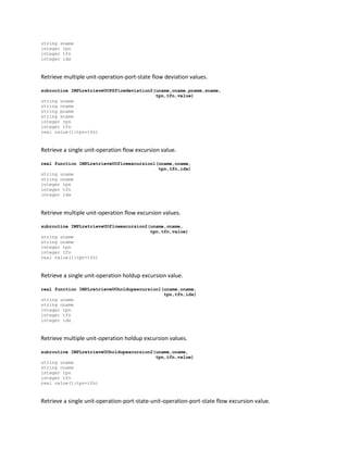 string sname
integer tpn
integer tfn
integer idx
Retrieve multiple unit-operation-port-state flow deviation values.
subroutine IMPLretrieveUOPSflowdeviation2(uname,oname,pname,sname,
tpn,tfn,value)
string uname
string oname
string pname
string sname
integer tpn
integer tfn
real value(1:tpn+tfn)
Retrieve a single unit-operation flow excursion value.
real function IMPLretrieveUOflowexcursion1(uname,oname,
tpn,tfn,idx)
string uname
string oname
integer tpn
integer tfn
integer idx
Retrieve multiple unit-operation flow excursion values.
subroutine IMPLretrieveUOflowexcursion2(uname,oname,
tpn,tfn,value)
string uname
string oname
integer tpn
integer tfn
real value(1:tpn+tfn)
Retrieve a single unit-operation holdup excursion value.
real function IMPLretrieveUOholdupexcursion1(uname,oname,
tpn,tfn,idx)
string uname
string oname
integer tpn
integer tfn
integer idx
Retrieve multiple unit-operation holdup excursion values.
subroutine IMPLretrieveUOholdupexcursion2(uname,oname,
tpn,tfn,value)
string uname
string oname
integer tpn
integer tfn
real value(1:tpn+tfn)
Retrieve a single unit-operation-port-state-unit-operation-port-state flow excursion value.
 