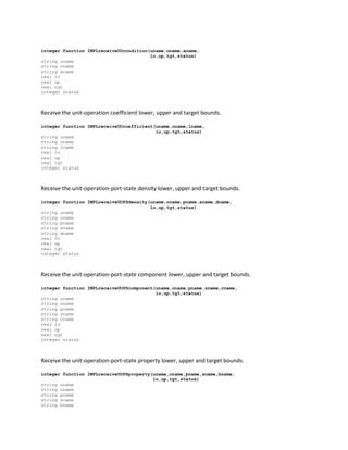 integer function IMPLreceiveUOcondition(uname,oname,aname,
lo,up,tgt,status)
string uname
string oname
string aname
real lo
real up
real tgt
integer status
Receive the unit-operation coefficient lower, upper and target bounds.
integer function IMPLreceiveUOcoefficient(uname,oname,lname,
lo,up,tgt,status)
string uname
string oname
string lname
real lo
real up
real tgt
integer status
Receive the unit-operation-port-state density lower, upper and target bounds.
integer function IMPLreceiveUOPSdensity(uname,oname,pname,sname,dname,
lo,up,tgt,status)
string uname
string oname
string pname
string sname
string dname
real lo
real up
real tgt
integer status
Receive the unit-operation-port-state component lower, upper and target bounds.
integer function IMPLreceiveUOPScomponent(uname,oname,pname,sname,cname,
lo,up,tgt,status)
string uname
string oname
string pname
string sname
string cname
real lo
real up
real tgt
integer status
Receive the unit-operation-port-state property lower, upper and target bounds.
integer function IMPLreceiveUOPSproperty(uname,oname,pname,sname,bname,
lo,up,tgt,status)
string uname
string oname
string pname
string sname
string bname
 