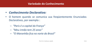 Variedade do Conhecimento

• Conhecimento Declarativo:
• O homem quando se comunica usa freqüentemente Enunciados
  Declarativos, por exemplo :

   – “Paris é a capital da França”
   – “Meu irmão tem 25 anos”
   – “O Maranhão fica no norte do Brasil”

                           Prof. Dr. Sofiane Labidi     113
 