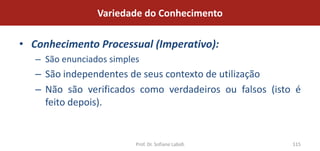 Variedade do Conhecimento

• Conhecimento Processual (Imperativo):
   – São enunciados simples
   – São independentes de seus contexto de utilização
   – Não são verificados como verdadeiros ou falsos (isto é
     feito depois).


                          Prof. Dr. Sofiane Labidi       115
 