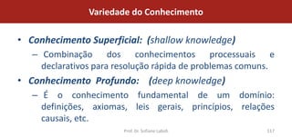 Variedade do Conhecimento

• Conhecimento Superficial: (shallow knowledge)
   – Combinação dos conhecimentos processuais e
     declarativos para resolução rápida de problemas comuns.
• Conhecimento Profundo: (deep knowledge)
   – É o conhecimento fundamental de um domínio:
     definições, axiomas, leis gerais, princípios, relações
     causais, etc.
                        Prof. Dr. Sofiane Labidi          117
 