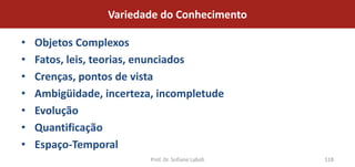 Variedade do Conhecimento

•   Objetos Complexos
•   Fatos, leis, teorias, enunciados
•   Crenças, pontos de vista
•   Ambigüidade, incerteza, incompletude
•   Evolução
•   Quantificação
•   Espaço-Temporal
                          Prof. Dr. Sofiane Labidi   118
 