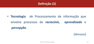 Definição (2)


• Tecnologia   de Processamento de informação que
  envolve processos de raciocínio,              aprendizado e
  percepção.
                                                     (Winston)

                     Prof. Dr. Sofiane Labidi                    12
 