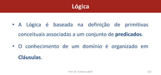 Lógica

• A Lógica é baseada na definição de primitivas
  conceituais associadas a um conjunto de predicados.

• O conhecimento de um domínio é organizado em
  Cláusulas.

                      Prof. Dr. Sofiane Labidi          132
 