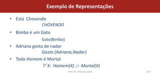 Exemplo de Representações

• Está Chovendo
             CHOVENDO
• Bimbo é um Gato
             Gato(Bimbo)
• Adriana gosta de nadar
               Gosta (Adriana,Nadar)
• Todo Homem é Mortal
                 X: Homem(X) Mortal(X)
                           Prof. Dr. Sofiane Labidi   133
 