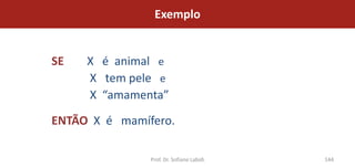 Exemplo


SE   X é animal e
     X tem pele e
     X “amamenta”

ENTÃO X é mamífero.

               Prof. Dr. Sofiane Labidi   144
 
