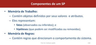 Componentes de um SP

• Memória de Trabalho:
  – Contém objetos definidos por seus valores e atributos.
  – Eles representam:
       • fatos (observados ou inferidos); e
       • hipóteses (que podem ser modificadas ou removidas).
• Memória de Regras:
  – Contém regras que direcionam o comportamento do sistema.
                            Prof. Dr. Sofiane Labidi           150
 