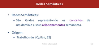 Redes Semânticas


• Redes Semânticas:
   – São Grafos representando os conceitos           de
     um domínio e seus relacionamentos semânticos.

• Origem:
   – Trabalhos de (Quilan, 62)
                       Prof. Dr. Sofiane Labidi           161
 