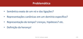 Problemática

• Semântica exata de um nó e das ligações?
• Representações canônicas em um domínio específico?
• Representação do tempo? crenças, hipóteses? etc.
• Definição da herança!


                           Prof. Dr. Sofiane Labidi    170
 