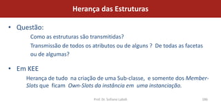 Herança das Estruturas

• Questão:
      Como as estruturas são transmitidas?
      Transmissão de todos os atributos ou de alguns ? De todas as facetas
      ou de algumas?

• Em KEE
     Herança de tudo na criação de uma Sub-classe, e somente dos Member-
     Slots que ficam Own-Slots da instância em uma instanciação.

                              Prof. Dr. Sofiane Labidi                   186
 