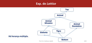 Exp. de Lattice
                                                               Top


                                                    Animal


                                   Animal
                                  Silvestre
                                                                      Animal
                                                                     Doméstico

                                                    Tigre
                          Elefante

Há herança múltipla.
                                                            Bottom
                         Prof. Dr. Sofiane Labidi                                203
 