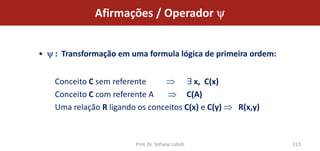 Afirmações / Operador


•   : Transformação em uma formula lógica de primeira ordem:


    Conceito C sem referente              x, C(x)
    Conceito C com referente A         C(A)
    Uma relação R ligando os conceitos C(x) e C(y)   R(x,y)



                          Prof. Dr. Sofiane Labidi             213
 