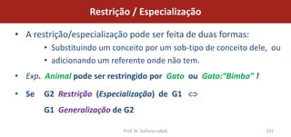 Restrição / Especialização

• A restrição/especialização pode ser feita de duas formas:
       • Substituindo um conceito por um sob-tipo de conceito dele, ou
       • adicionando um referente onde não tem.
• Exp. Animal pode ser restringido por Gato ou Gato:“Bimbo” !

• Se   G2 Restrição (Especialização) de G1
       G1 Generalização de G2

                            Prof. Dr. Sofiane Labidi              222
 