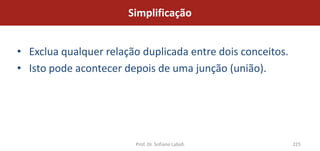 Simplificação


• Exclua qualquer relação duplicada entre dois conceitos.
• Isto pode acontecer depois de uma junção (união).




                        Prof. Dr. Sofiane Labidi            225
 