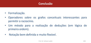 Conclusão

• Formalização.
• Operadores sobre os grafos conceituais interessantes para
  permitir o raciocínio.
• Um méodo para a realização de deduções (em lógica de
  primeira ordem).
• Notação bem definida e muito flexível.
                          Prof. Dr. Sofiane Labidi      228
 