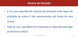 Arvore de Decisão

• É um caso específico de sistemas de produção onde regras de
  produção de ordem 0 são representadas sob forma de uma
  árvore.

• Pode-se usar operadores de conjunção ou disjunção para ligar
  as premissas (fatos).
                          Prof. Dr. Sofiane Labidi          231
 