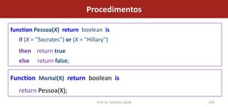 Procedimentos

function Pessoa(X) return boolean is
   if (X = ''Socrates'') or (X = ''Hillary'')
   then return true
   else    return false;

Function Mortal(X) return boolean is
   return Pessoa(X);
                                       Prof. Dr. Sofiane Labidi   234
 
