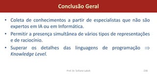 Conclusão Geral

• Coleta de conhecimentos a partir de especialistas que não são
  expertos em IA ou em Informática.
• Permitir a presença simultânea de vários tipos de representações
  e de raciocínio.
• Superar os detalhes das linguagens de programação
  Knowledge Level.


                            Prof. Dr. Sofiane Labidi           238
 