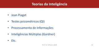Teorias da Inteligência

• Jean Piaget
• Testes psicométricos (QI)
• Processamento de Informações
• Inteligências Múltiplas (Gardner)
• Etc.
                         Prof. Dr. Sofiane Labidi   42
 