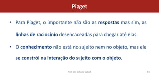 Piaget

• Para Piaget, o importante não são as respostas mas sim, as

  linhas de raciocínio desencadeadas para chegar até elas.

• O conhecimento não está no sujeito nem no objeto, mas ele

  se constrói na interação do sujeito com o objeto.

                         Prof. Dr. Sofiane Labidi              43
 