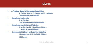 Livros

•   A Practical Guide to Knowledge Acquisition
              A. Carlisle Scott, J. E. Clayton and E. L. Gibson.
                Addison-Weslay Publisher.
•   Knowledge Engineering
              D. N. Chrafas.
                Van Nostrand Reinhold Publisher.
•   Knowledge Acquisition as Modeling
              K. M. Ford and J. F. Bradshaw Editors.
                J. Wiley & Sons Publisher.
•   CommonKADS Library for Expertise Modelling
              J. Breuker and W. V. de Velde Editors.
               IOS Press..

                                            Prof. Dr. Sofiane Labidi   5
 