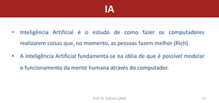 IA
• Inteligência Artificial é o estudo de como fazer os computadores
   realizarem coisas que, no momento, as pessoas fazem melhor (Rich).

• A Inteligência Artificial fundamenta-se na idéia de que é possível modelar
   o funcionamento da mente humana através do computador.



                               Prof. Dr. Sofiane Labidi                    51
 