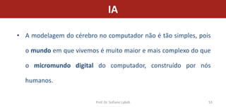 IA

• A modelagem do cérebro no computador não é tão simples, pois

  o mundo em que vivemos é muito maior e mais complexo do que

  o micromundo digital do computador, construído por nós

  humanos.


                         Prof. Dr. Sofiane Labidi            53
 