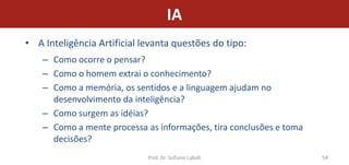 IA
• A Inteligência Artificial levanta questões do tipo:
    – Como ocorre o pensar?
    – Como o homem extrai o conhecimento?
    – Como a memória, os sentidos e a linguagem ajudam no
      desenvolvimento da inteligência?
    – Como surgem as idéias?
    – Como a mente processa as informações, tira conclusões e toma
      decisões?
                             Prof. Dr. Sofiane Labidi                54
 