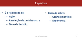 Expertise

• É a Habilidade de:                        • Baseada sobre:
   – Ação;                                     – Conhecimento; e
   – Resolução de problemas; e                 – Experiência.
   – Tomada decisão.



                         Prof. Dr. Sofiane Labidi                  73
 