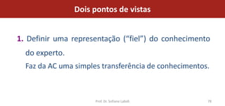 Dois pontos de vistas


1. Definir uma representação (“fiel”) do conhecimento
  do experto.
  Faz da AC uma simples transferência de conhecimentos.



                      Prof. Dr. Sofiane Labidi        78
 
