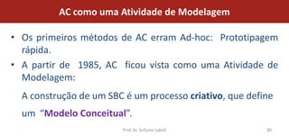 AC como uma Atividade de Modelagem

• Os primeiros métodos de AC erram Ad-hoc: Prototipagem
  rápida.
• A partir de 1985, AC ficou vista como uma Atividade de
  Modelagem:
  A construção de um SBC é um processo criativo, que define
  um “Modelo Conceitual”.
                        Prof. Dr. Sofiane Labidi         80
 