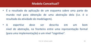 Modelo Conceitual?

• É o resultado da aplicação de um esquema sobre uma parte do
  mundo real para obtenção de uma abstração dela (i.e. é o
  resultado da atividade de modelagem).

• A     expertise    deve    ser    descrita     em   um     bom
  nível de abstração, na fronteira entre uma representação formal
  (para uma implementação) e um nível “cognitivo”.

                           Prof. Dr. Sofiane Labidi           83
 