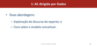 1: AC dirigida por Dados


• Duas abordagens:
   – Exploração do discurso do experto; e
   – Foco sobre o modelo conceitual.




                         Prof. Dr. Sofiane Labidi   86
 